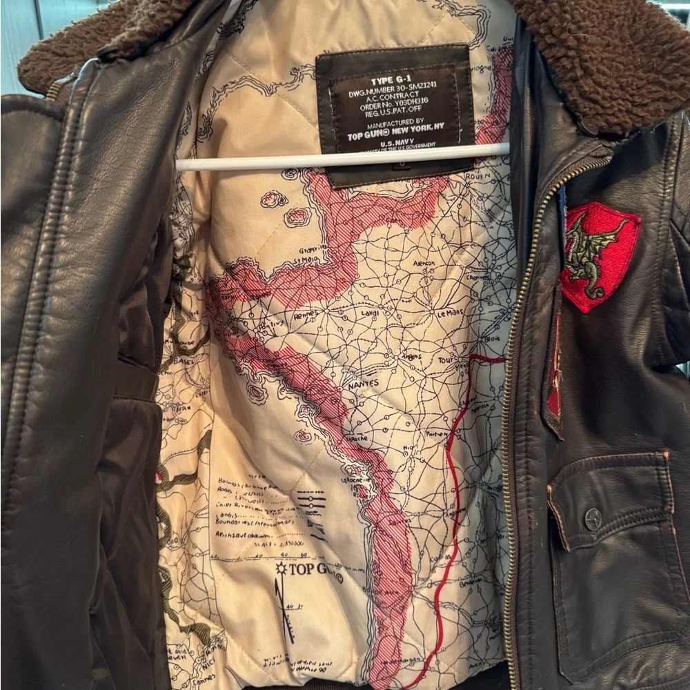 Brown Leather Aviator Bomber Jacket with Patches Top Gun size 8 - Picture 8 of 9